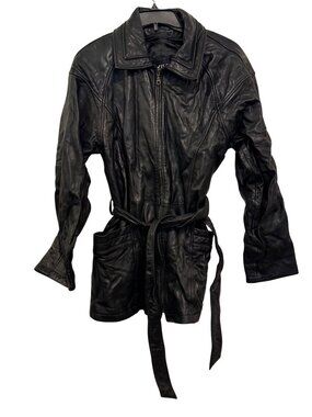 Wilsons Womens Black Leather Jacket L With Belted Waist & Pockets